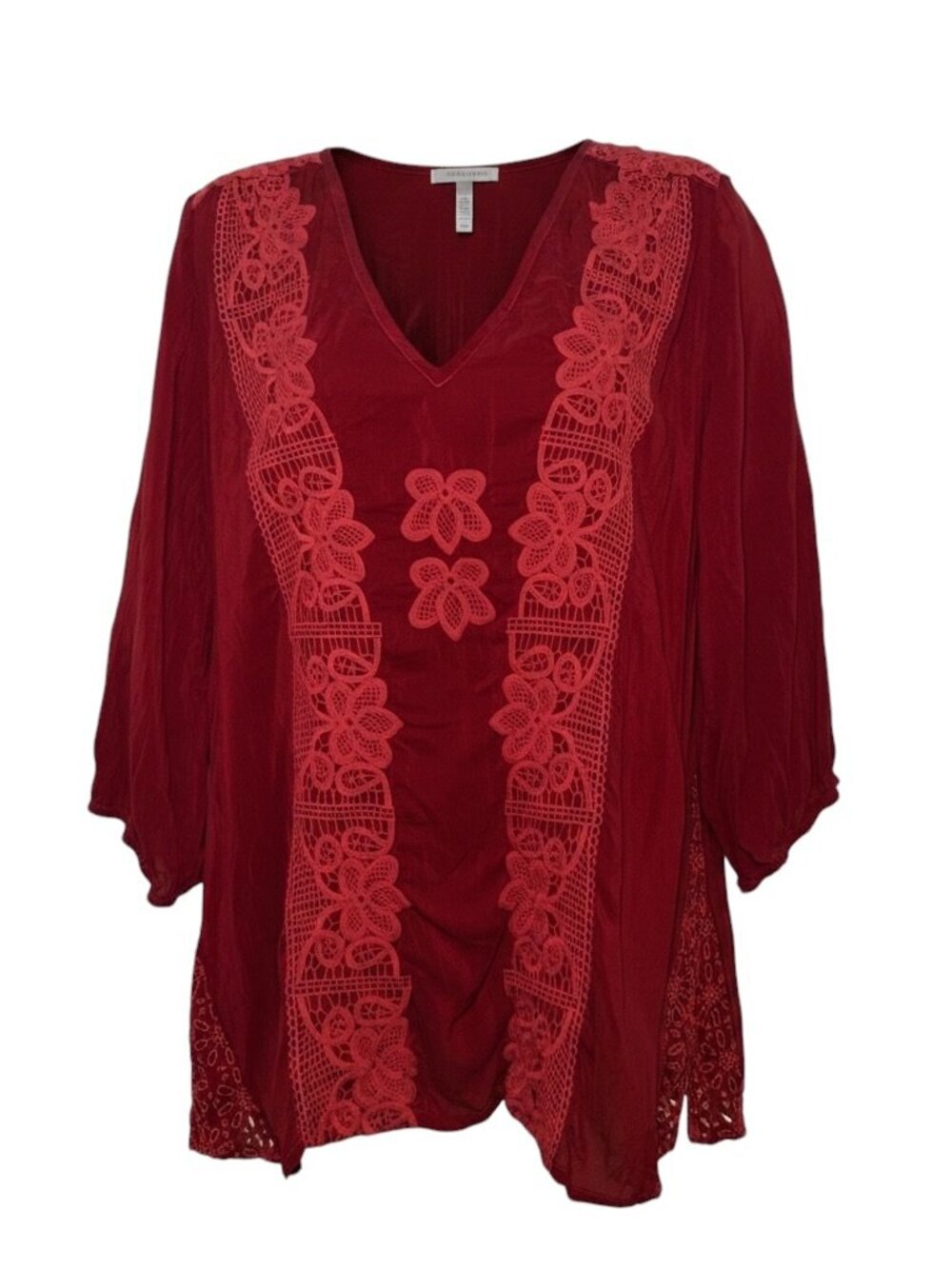 Johnny Was Red Embroidered Boho Tunic Top Medium Rayon